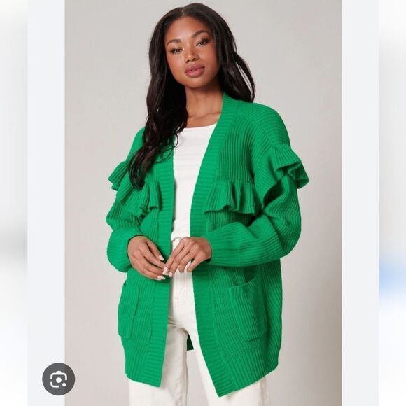 Sugarlips Sweaters - Sugar + lips Cardigan Womens SMALL NWT Jolie Ruffle Open Front Primary GREEN